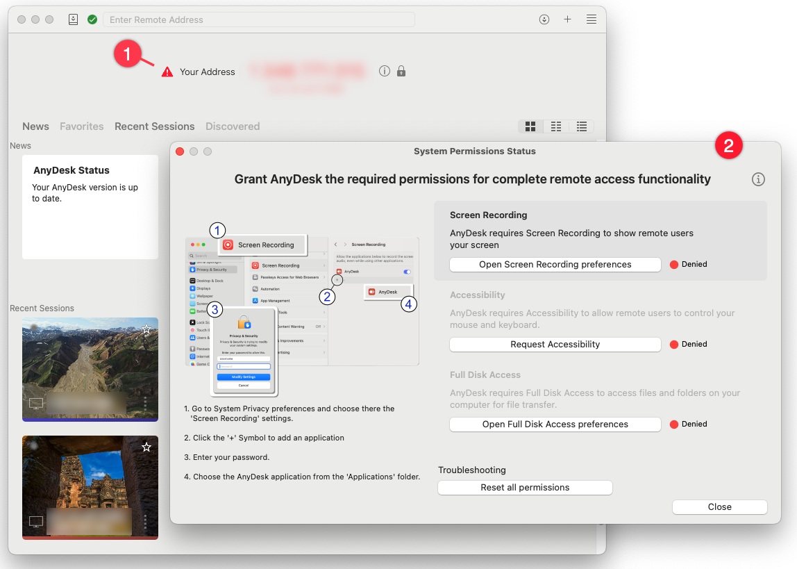 Okno AnyDesk „System Permissions Status